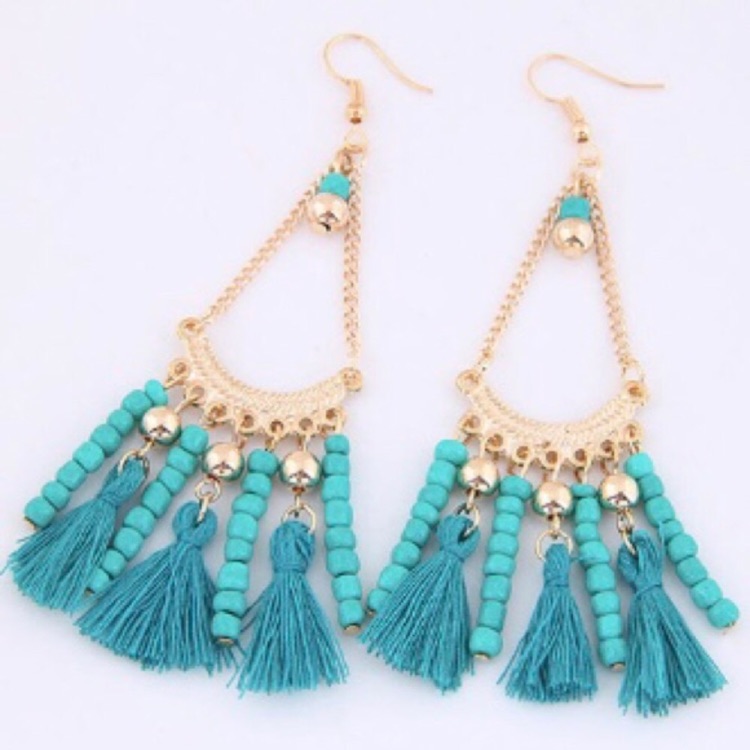Boho Bead Tassel Dangle Earrings Turquoise Blue Goldstone